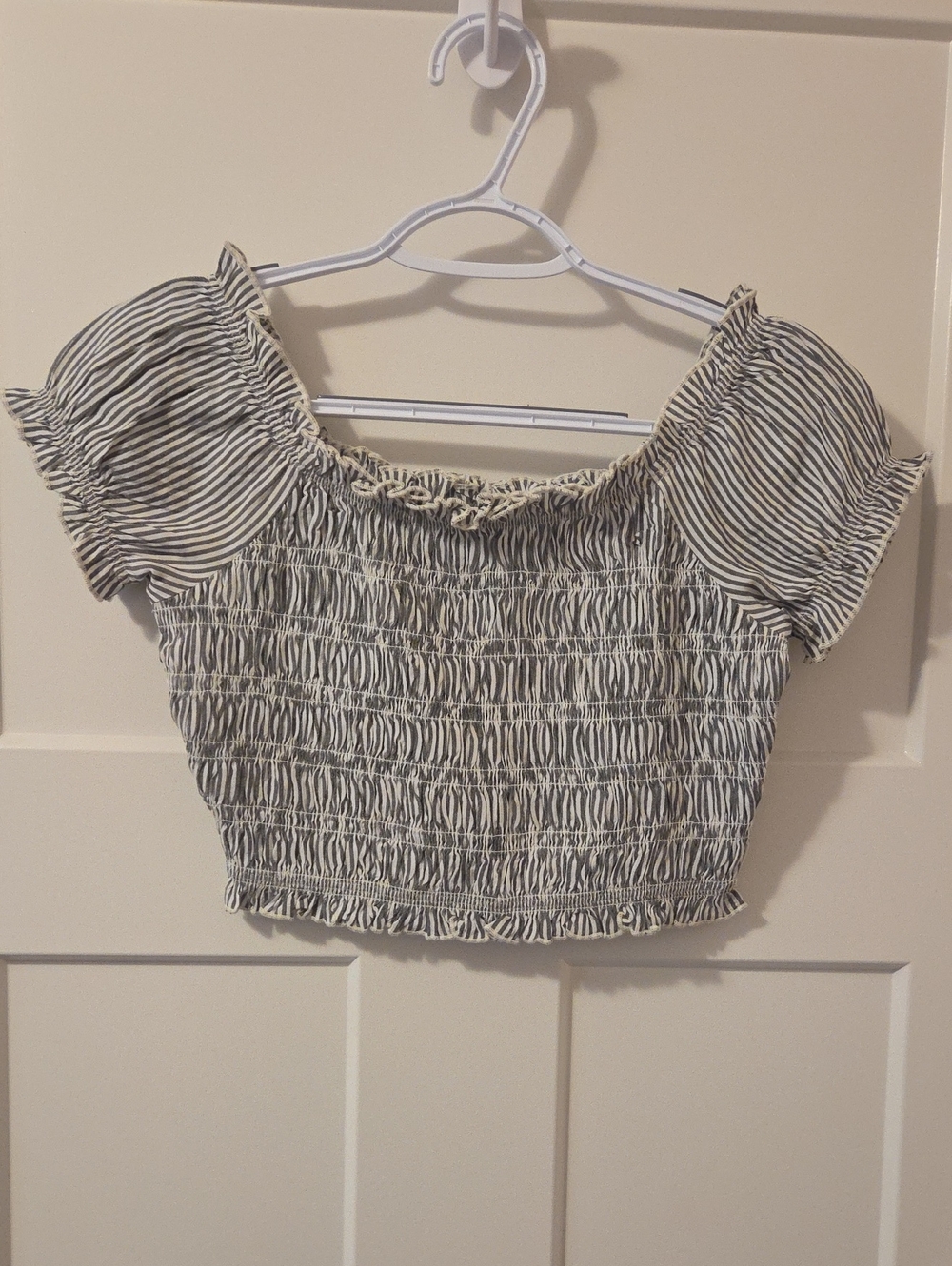American Eagle Outfitters Black & White Striped Smocked Off-Shoulder Crop Top